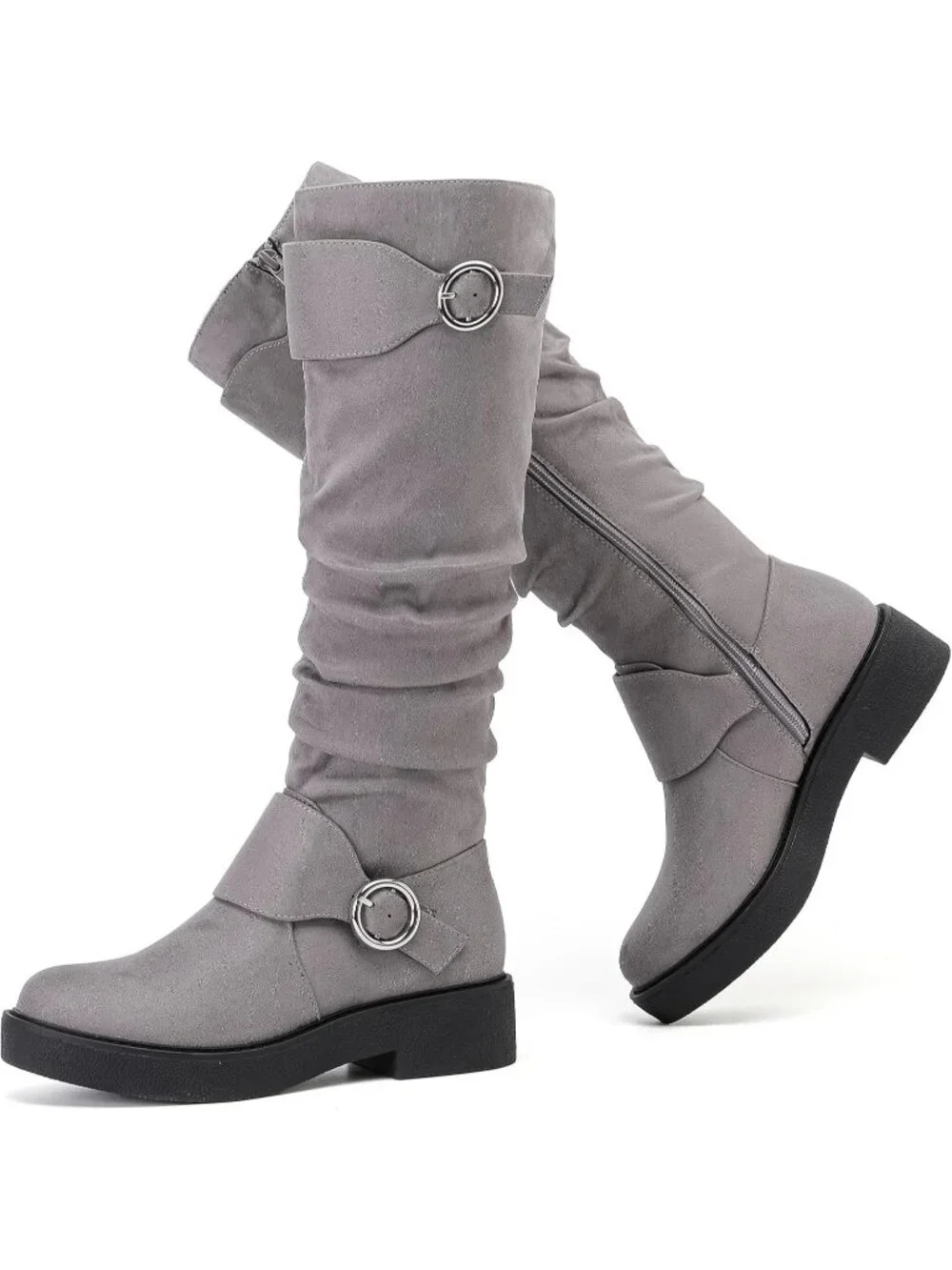 Women's Grey Platform Slouchy Side Zipper Comfort Round Toe Knee High Boots